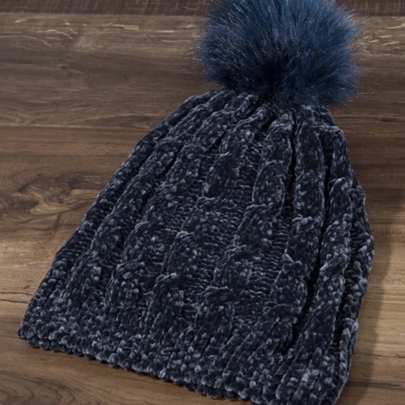 Navy Blue Chenille Cable Knit Faux Fur Pompom Beanie - Picture 2 of 3